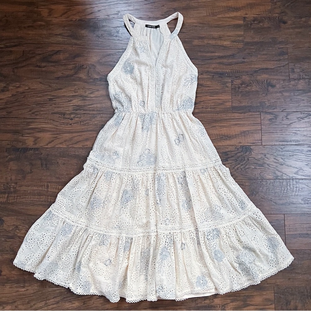 Love Sam Lucy In The Sky Dress Midi Embroidered Eyelet Tiered Beaded Cream